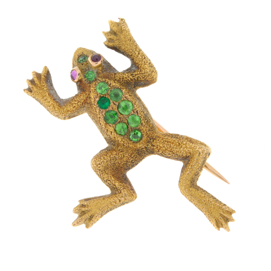 Victorian 15ct gold demantoid garnet frog brooch