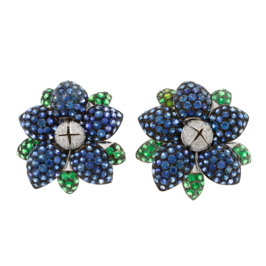 Diamond, sapphire and tsavorite garnet earrings