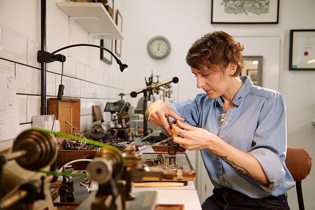 Rebecca Struthers, watchmaker. 
Photo credit: Credit Andy Pilsbury