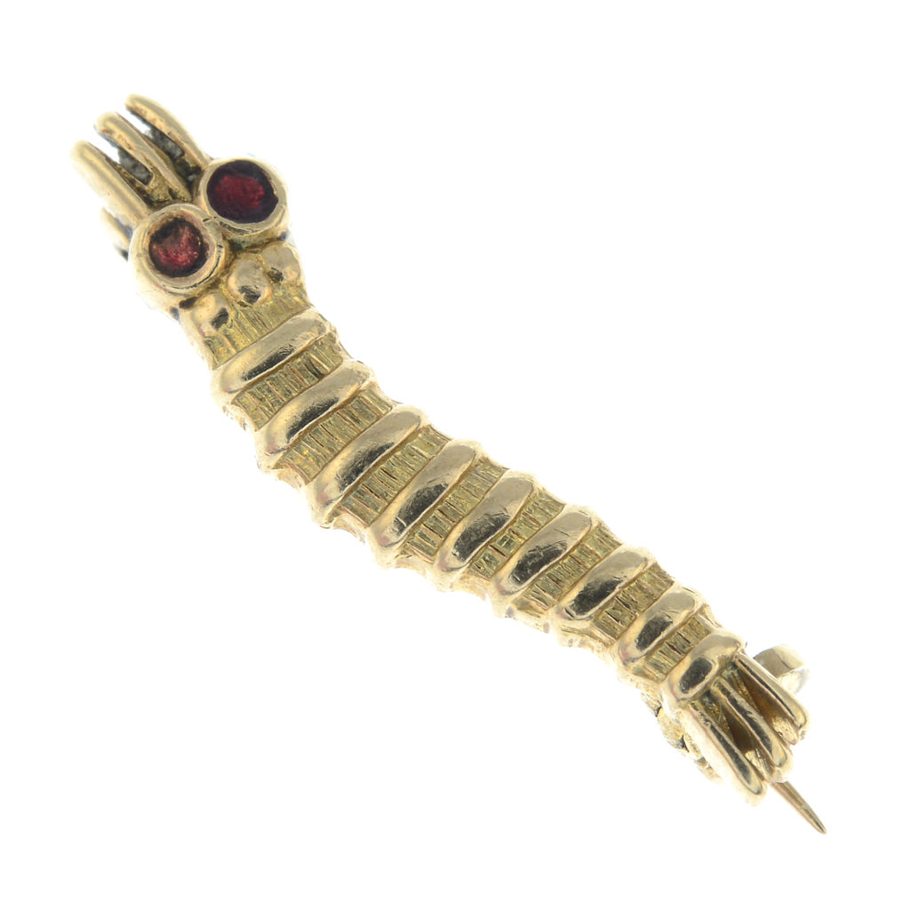 A 9ct gold red enamel Caterpillar Club brooch, engraved 'Sgt. W. H. T. Farmer'