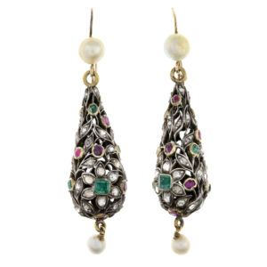 19th c. diamond, pearl, ruby & emerald earrings, previously belonging to Lady King.