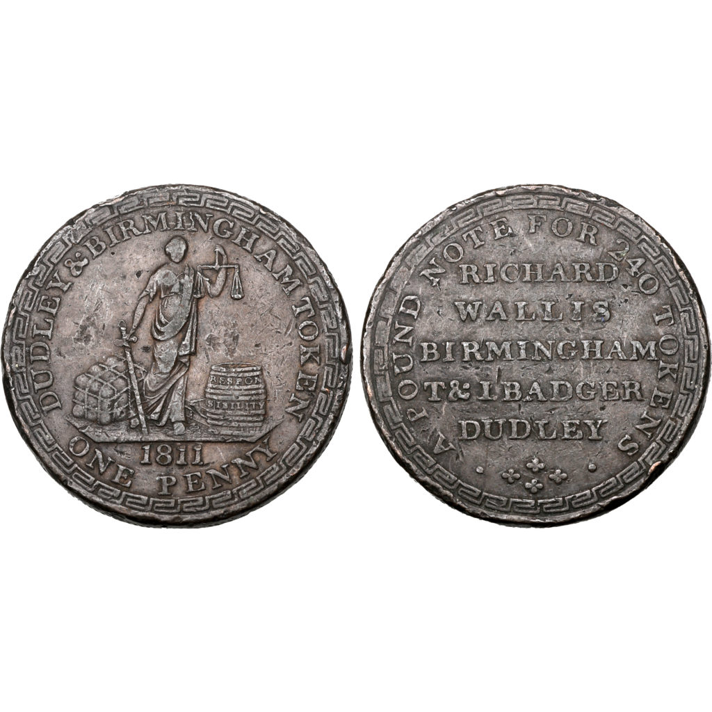 United Kingdom, Dudley & Birmingham CU R. Wallis & T & I Badger One Penny Token.  18th Century Trade Token.