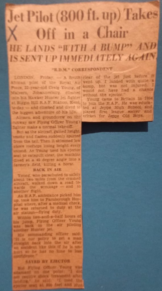 A local newspaper article talking about the plane crash involving Flying Officer C.W.G. Young