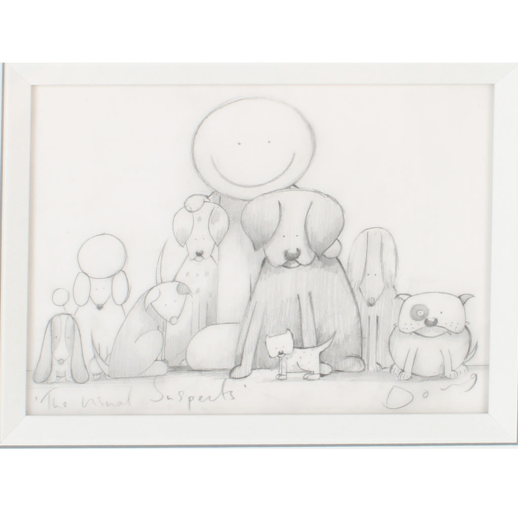 Doug Hyde pencil sketch titled 'The Usual Suspects'