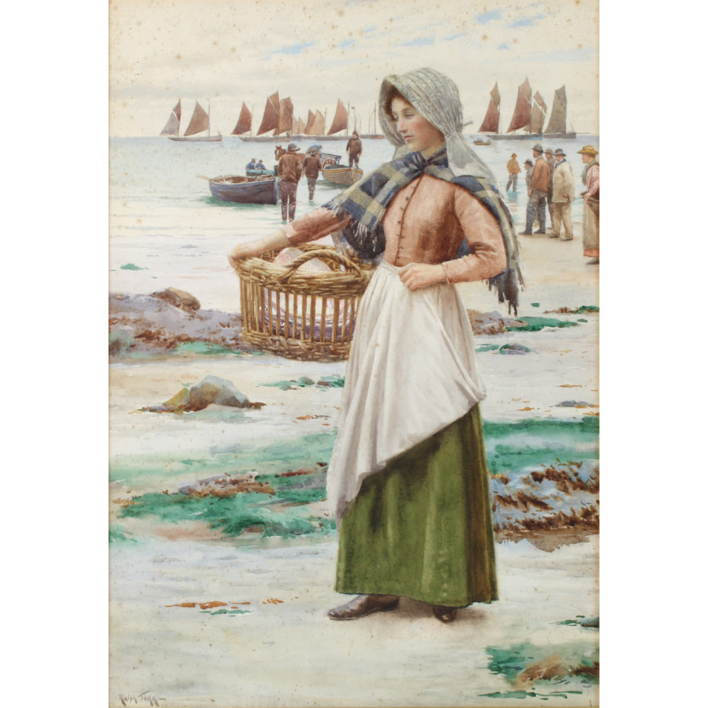 Ralph Todd (British,1856-1932) - A Newlyn School watercolour of lady holding a basket on the shore line with fishermen and boats behind, signed lower left, image 51cm x 34cm